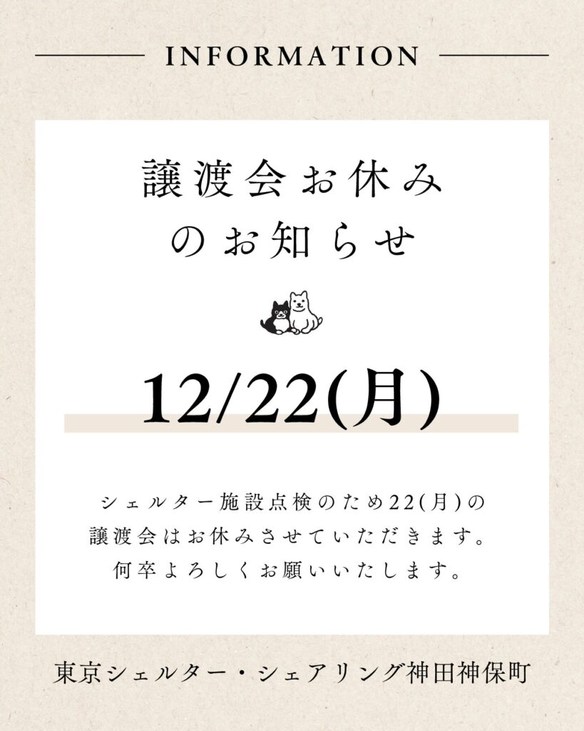12/22(月)譲渡会お休みのお知らせ